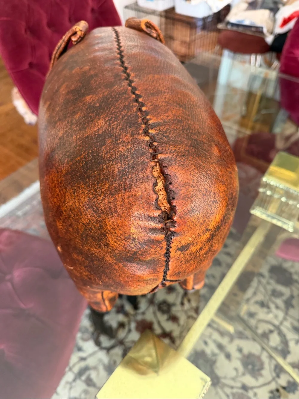 Vintage-Style Brown Leather Pig Accent - Home Dining Decor
